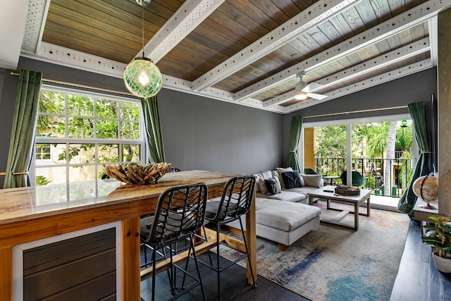 living room featuring lofted ceiling with beams, dark hardwood / wood-style floors, wood ceiling, and ceiling fan