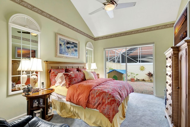 carpeted bedroom with ceiling fan, vaulted ceiling, and access to outside