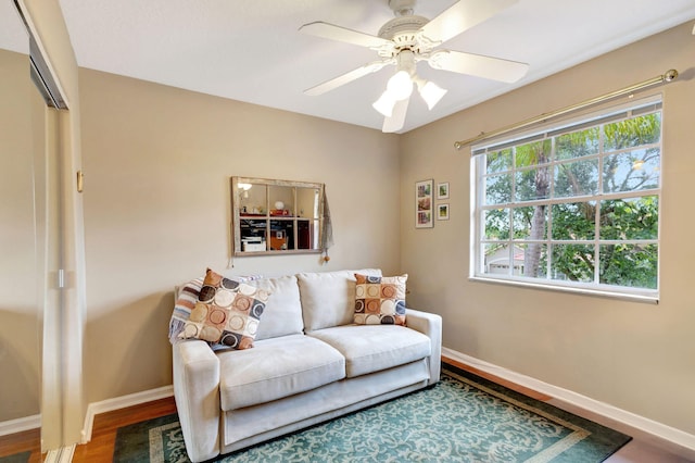 living room with ceiling fan and hardwood / wood-style flooring