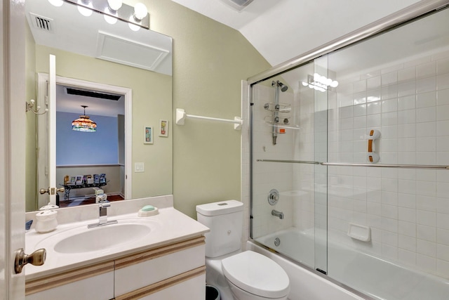 full bathroom with shower / bath combination with glass door, toilet, and vanity