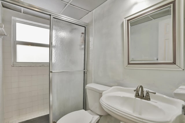 bathroom featuring a shower with door, sink, and toilet