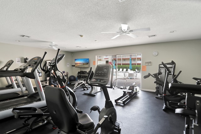 exercise room featuring ceiling fan and a textured ceiling