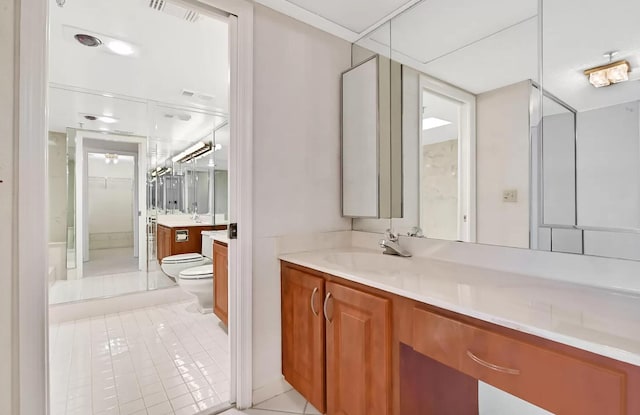 bathroom featuring tile patterned flooring, vanity, toilet, and a bidet