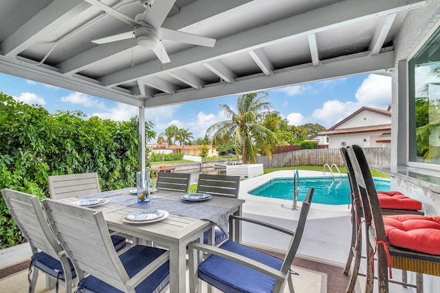 view of swimming pool featuring ceiling fan and a patio