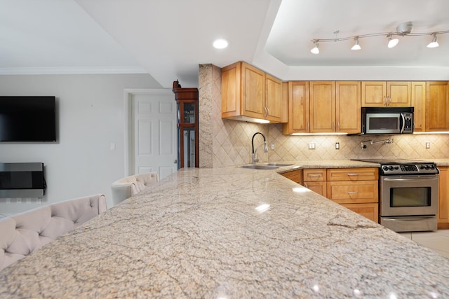 kitchen featuring light stone counters, a sink, ornamental molding, stainless steel appliances, and backsplash