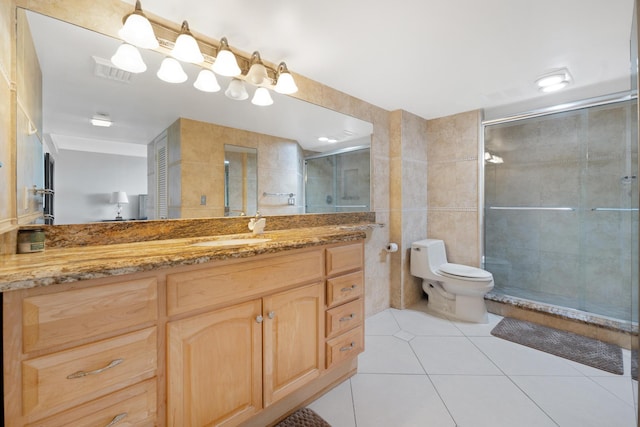 full bathroom with tile patterned floors, visible vents, toilet, tile walls, and a shower stall