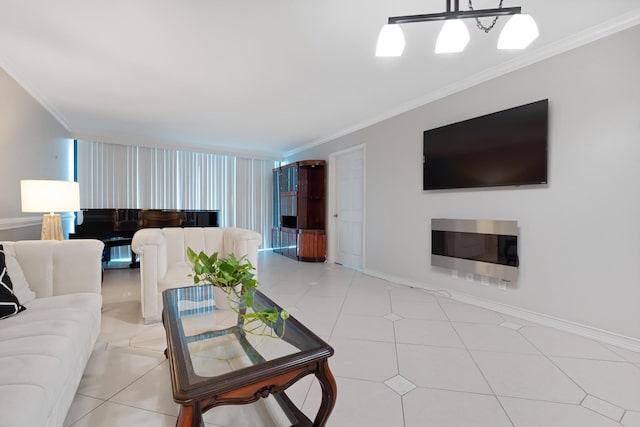 living room with light tile patterned floors, baseboards, and ornamental molding