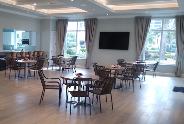 dining area with a raised ceiling, light hardwood / wood-style floors, and a wealth of natural light