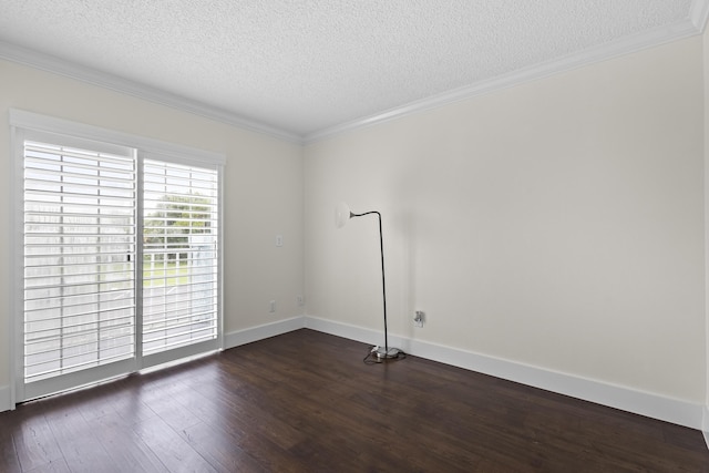 unfurnished room featuring dark wood-style floors, a textured ceiling, baseboards, and crown molding