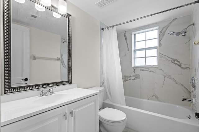 full bathroom featuring toilet, shower / tub combo, visible vents, and vanity