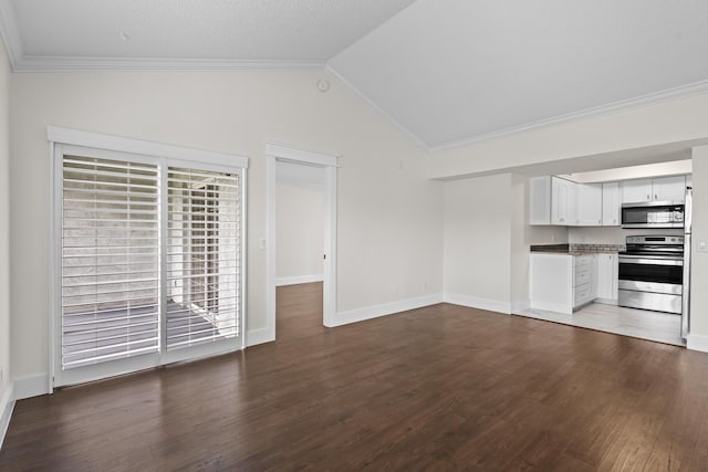 unfurnished living room featuring lofted ceiling, baseboards, dark wood finished floors, and crown molding