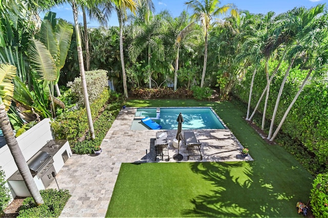 pool featuring a patio area, a fenced backyard, an outdoor kitchen, and a lawn