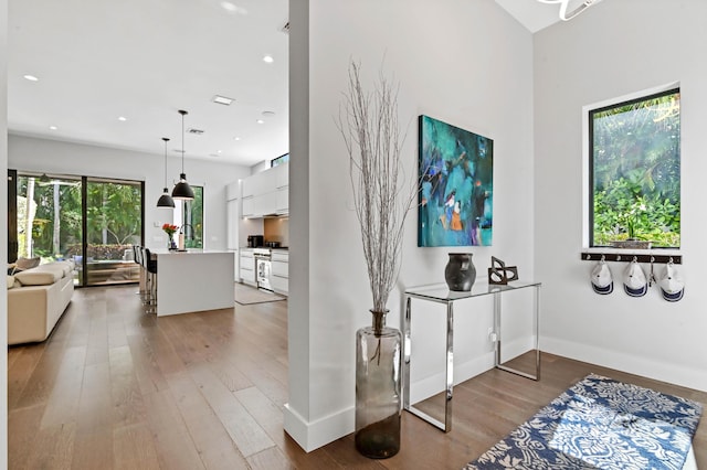 foyer entrance with recessed lighting, light wood-style flooring, and baseboards