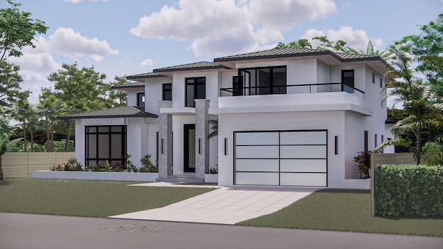 view of front of home with a balcony, a garage, and a front yard