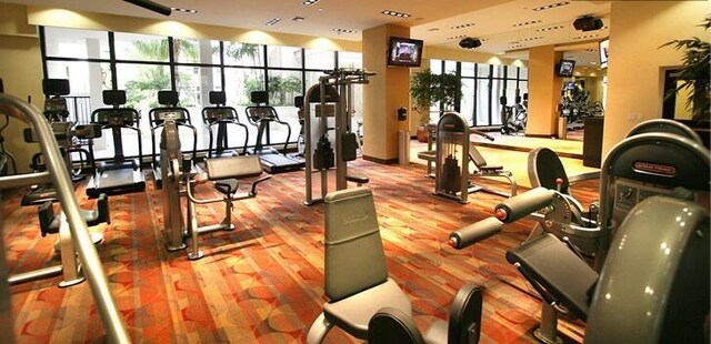 workout area featuring hardwood / wood-style floors