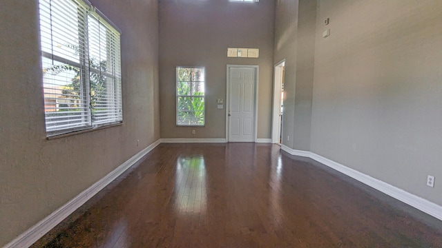 entryway featuring a towering ceiling and dark hardwood / wood-style flooring