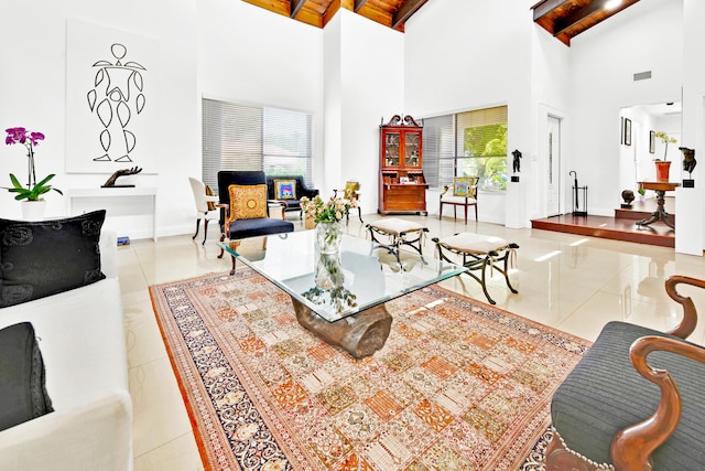 tiled living room featuring high vaulted ceiling, plenty of natural light, and wood ceiling