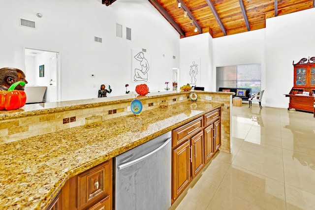 kitchen with high vaulted ceiling, wooden ceiling, dishwasher, beam ceiling, and light stone countertops