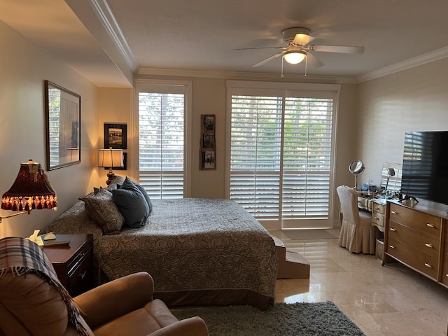 bedroom featuring ornamental molding, light tile patterned floors, and ceiling fan