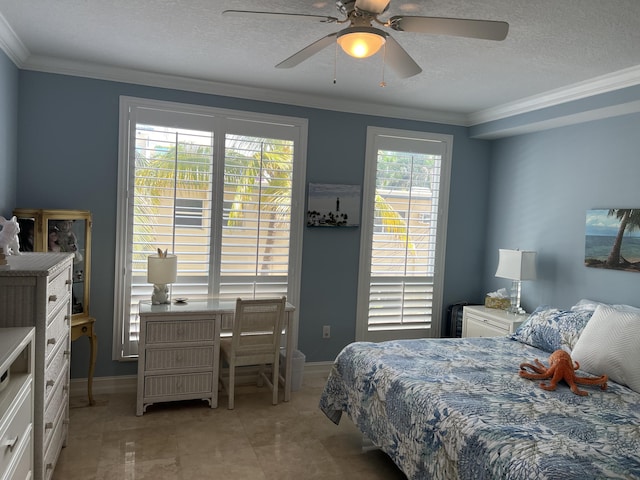 bedroom with ceiling fan, ornamental molding, a textured ceiling, and light tile patterned floors