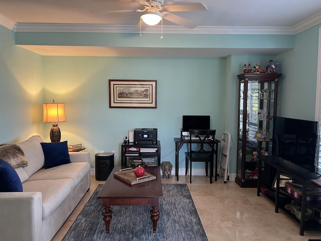 tiled living room featuring ceiling fan and crown molding