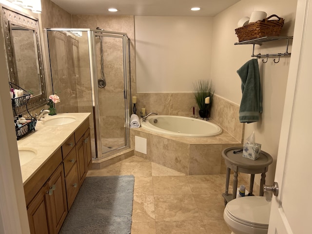 full bathroom with shower with separate bathtub, dual vanity, toilet, and tile patterned flooring