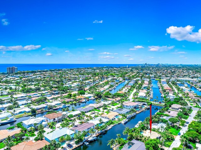 drone / aerial view featuring a water view