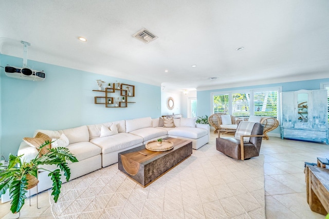 living room featuring light tile patterned flooring