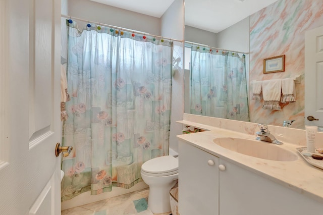 bathroom featuring shower / bath combo, vanity, toilet, and tile patterned floors