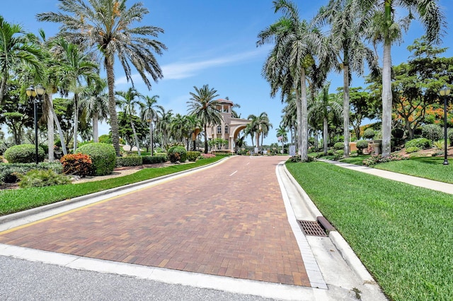 view of home's community featuring decorative driveway and a yard