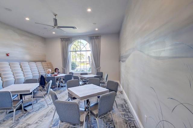 dining space featuring light wood-style floors, recessed lighting, a ceiling fan, and baseboards