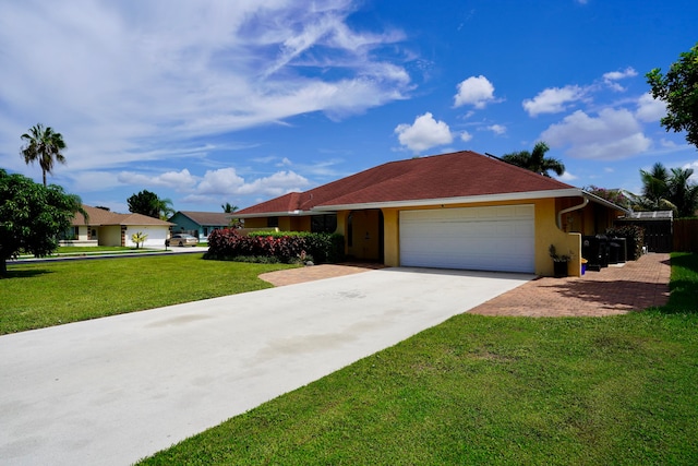 ranch-style house with a front yard and a garage