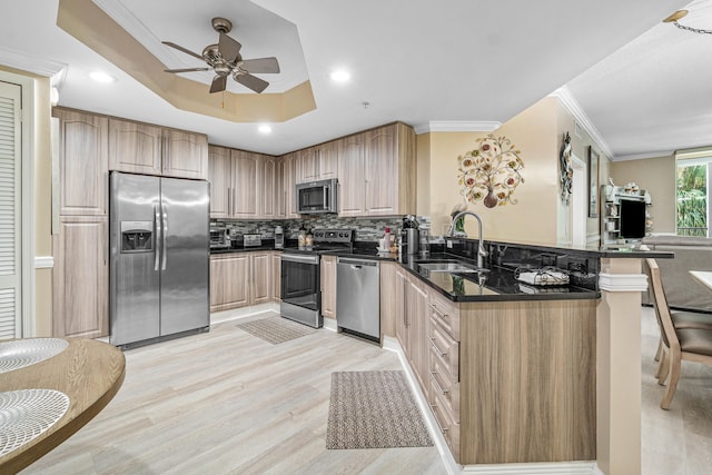 kitchen featuring a tray ceiling, stainless steel appliances, backsplash, a sink, and a peninsula