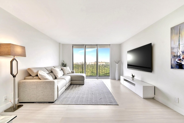 living room featuring a wall of windows