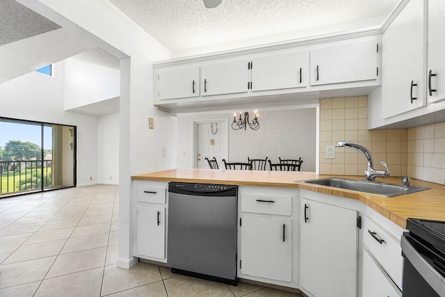 kitchen featuring a textured ceiling, dishwasher, sink, tasteful backsplash, and white cabinetry