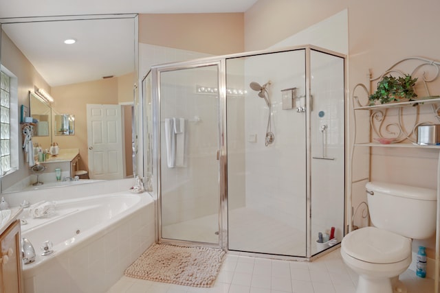 full bathroom with vanity, tile patterned flooring, and separate shower and tub