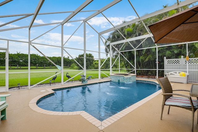 view of swimming pool with an in ground hot tub, pool water feature, a lanai, and a patio area