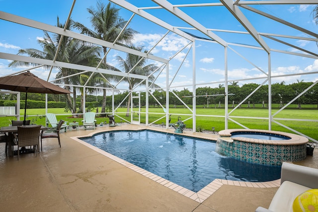 view of pool featuring glass enclosure, a lawn, and a patio area