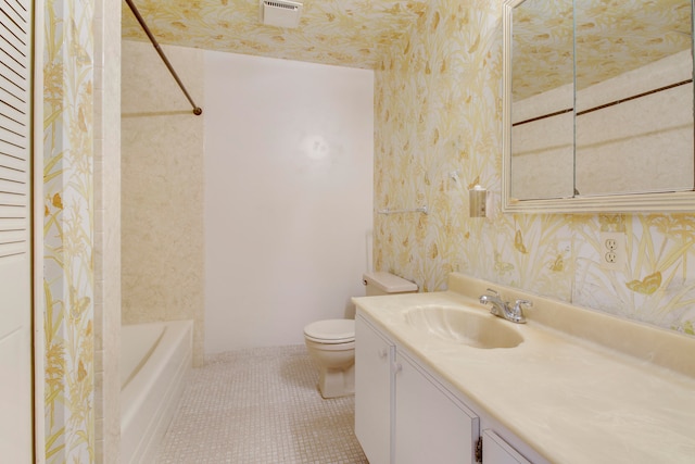 full bathroom with tile patterned floors, vanity, shower / bath combination with curtain, and toilet