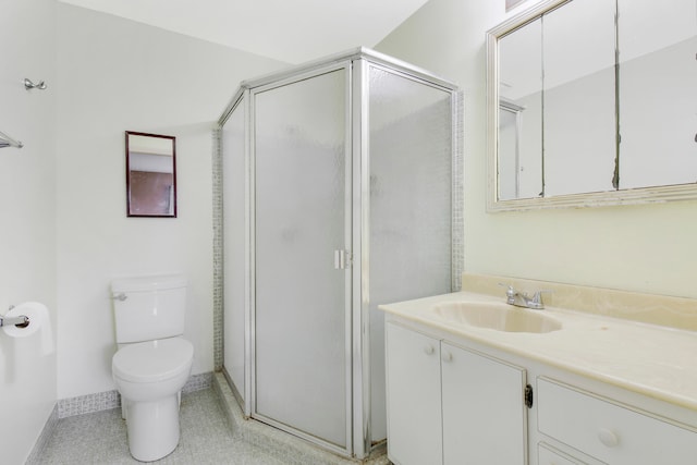 bathroom featuring vanity, toilet, and a shower with door