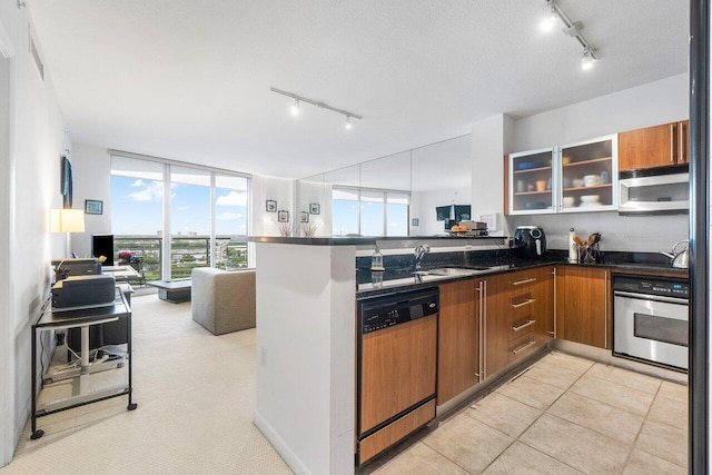 kitchen with floor to ceiling windows, rail lighting, sink, appliances with stainless steel finishes, and kitchen peninsula