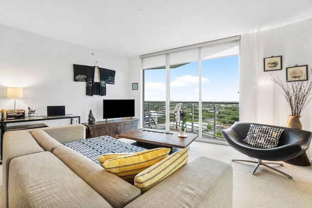 living room with floor to ceiling windows and carpet