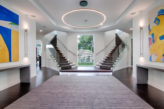 entrance foyer with a tray ceiling and dark wood-type flooring