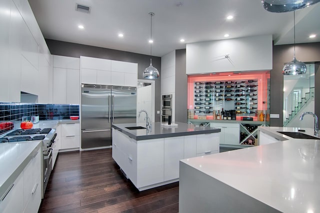 kitchen with sink, decorative light fixtures, and premium appliances