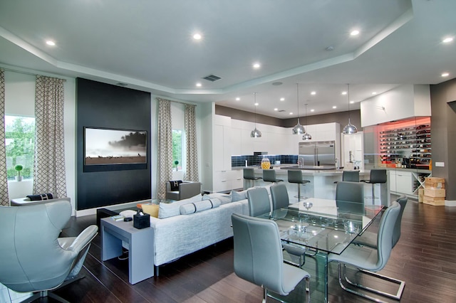 dining room with dark hardwood / wood-style floors, a raised ceiling, and a wealth of natural light