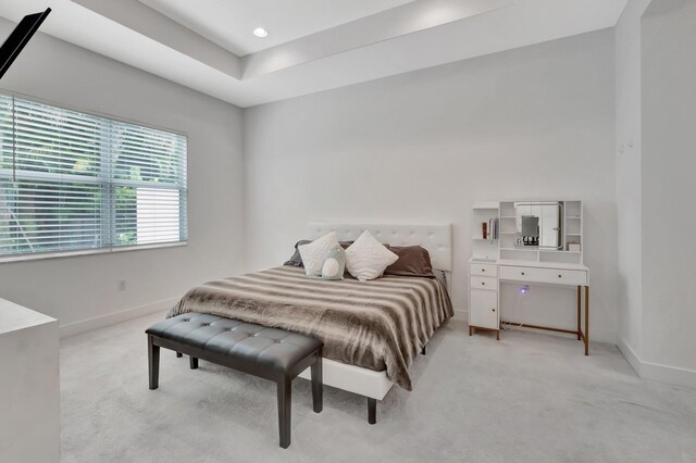 carpeted bedroom with a tray ceiling