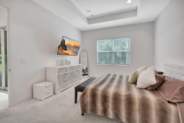 bedroom with carpet flooring, access to exterior, and a raised ceiling