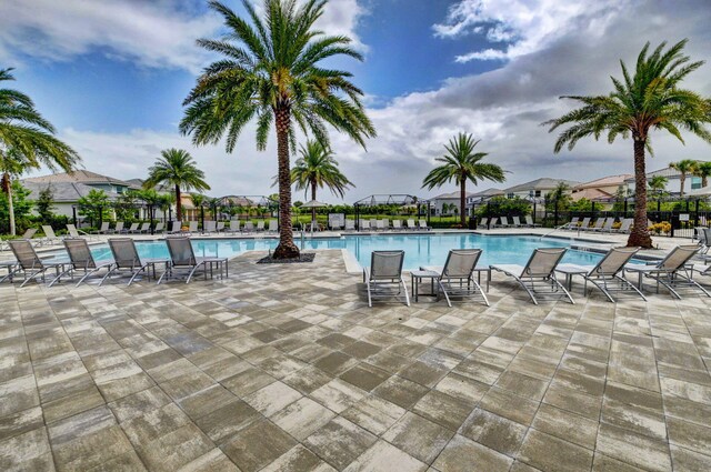 view of swimming pool featuring a patio area