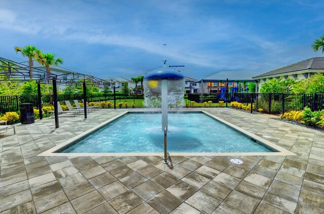 view of pool with pool water feature and a patio area