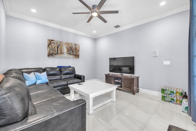 living room featuring ceiling fan, light tile patterned flooring, and ornamental molding